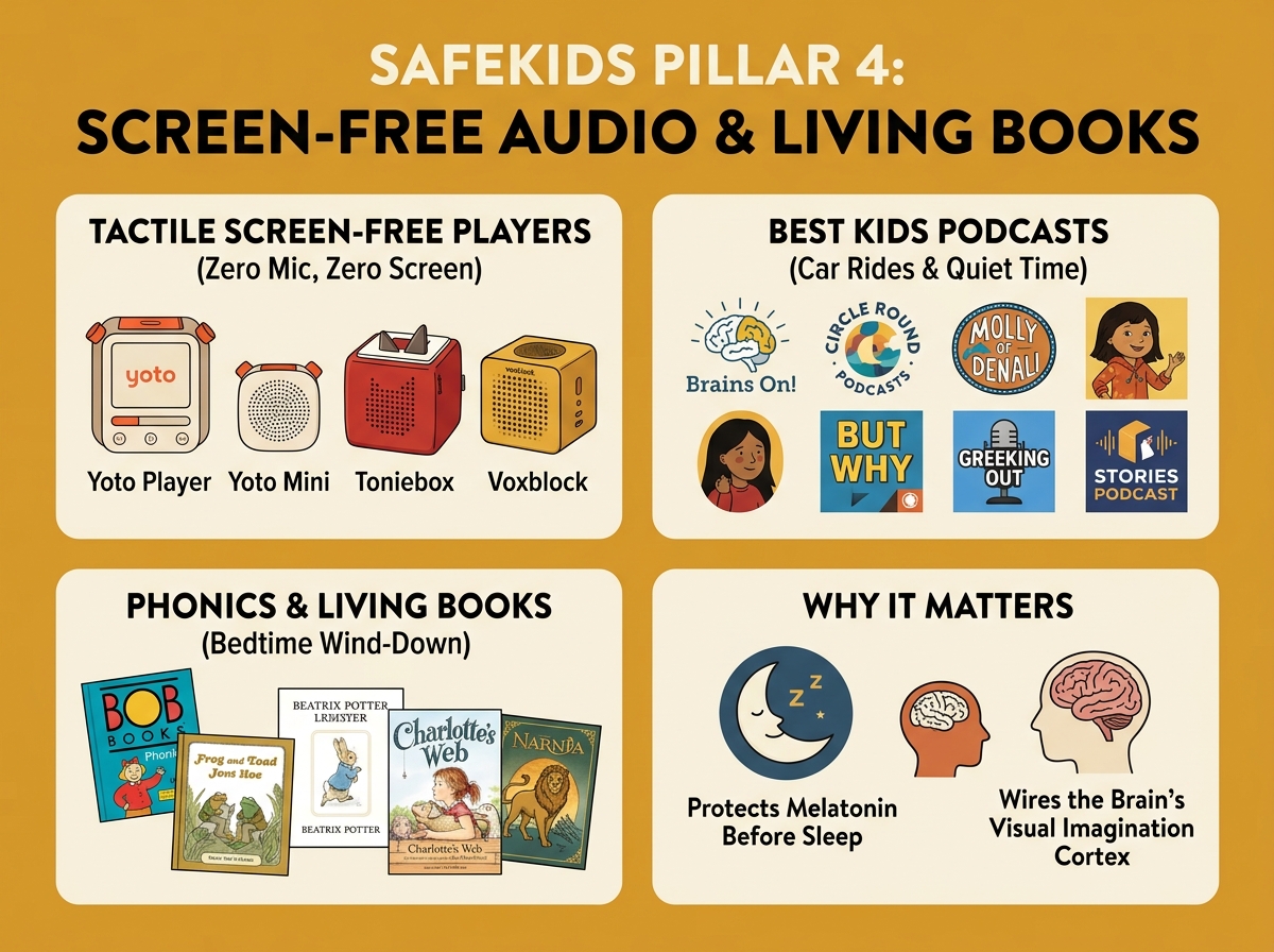 Illustrated parent infographic showing tactile screen-free players like Yoto and Toniebox, top kids podcasts, and bedtime phonics and living books