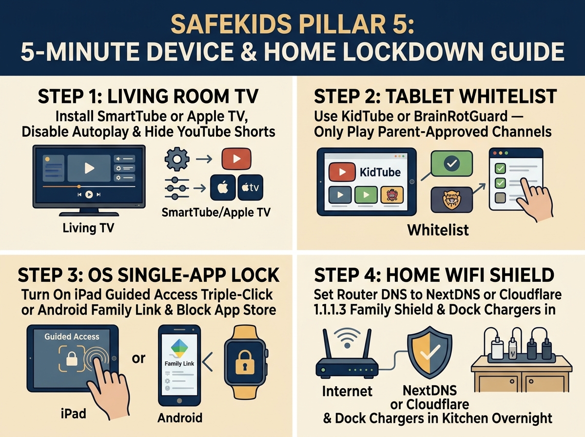 Illustrated 4-step parent infographic covering Living Room TV setup, Tablet Whitelist, OS Single-App Guided Access Lock, and Home Wi-Fi NextDNS Shield