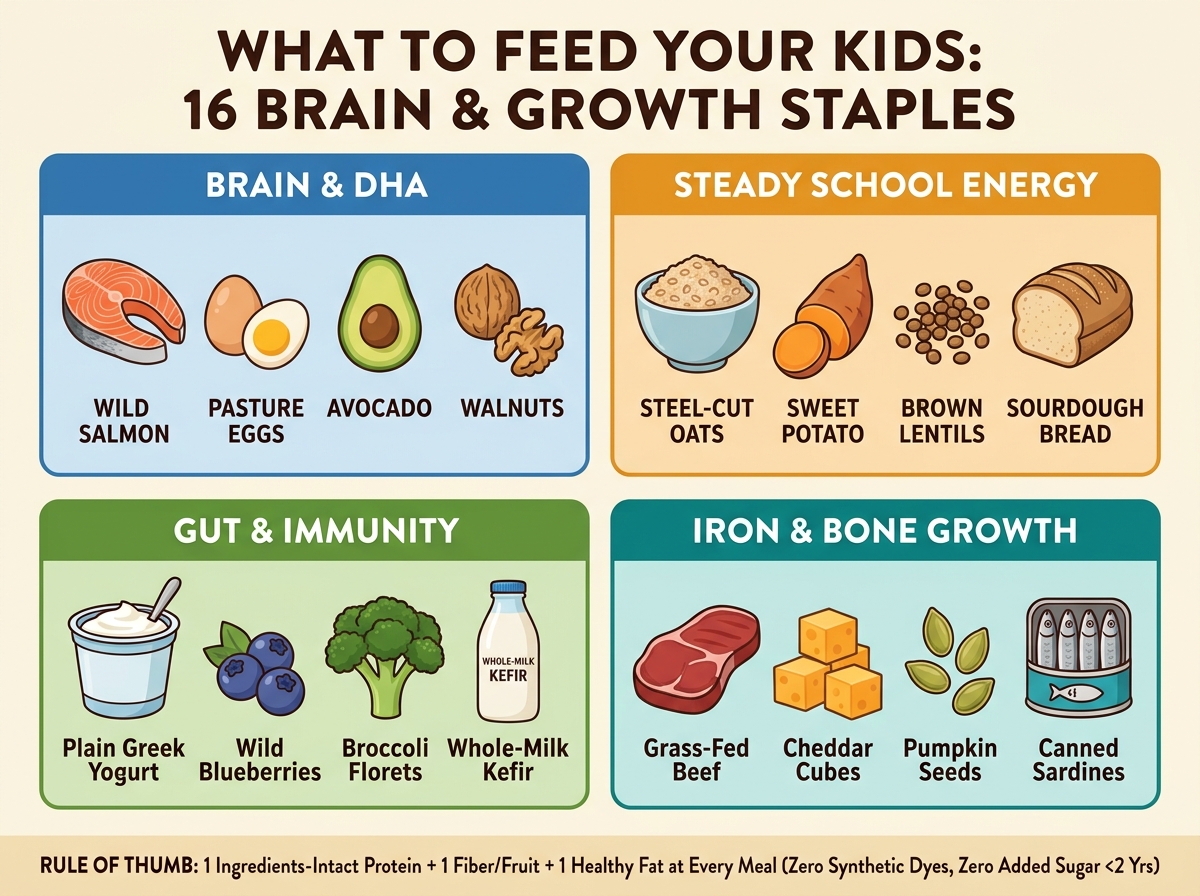 Illustrated parent infographic showing 16 whole-food staples for kids grouped into Brain and DHA, Steady School Energy, Gut and Immunity, and Iron and Bone Growth