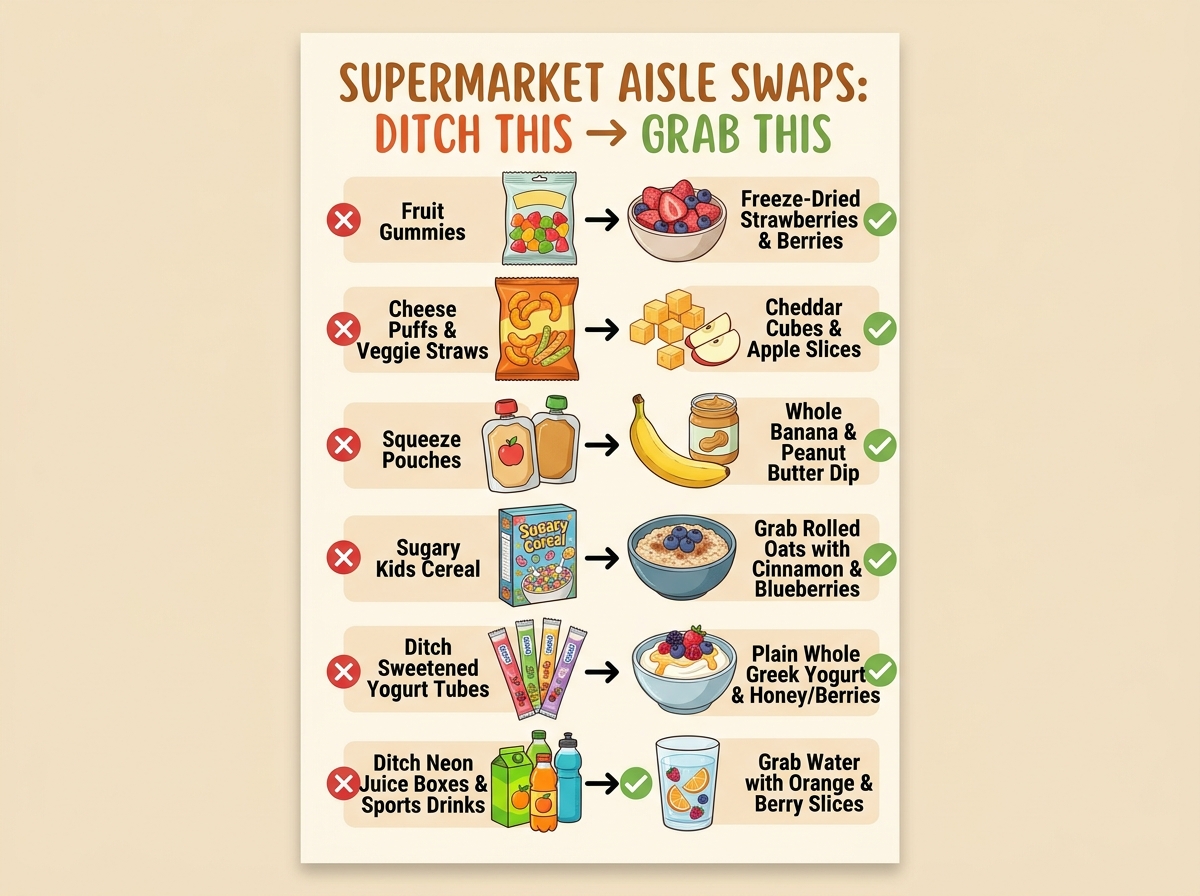 Illustrated supermarket swap infographic comparing fruit gummies, cheese puffs, pouches, sugary cereal, yogurt tubes, and juice boxes against whole-food alternatives