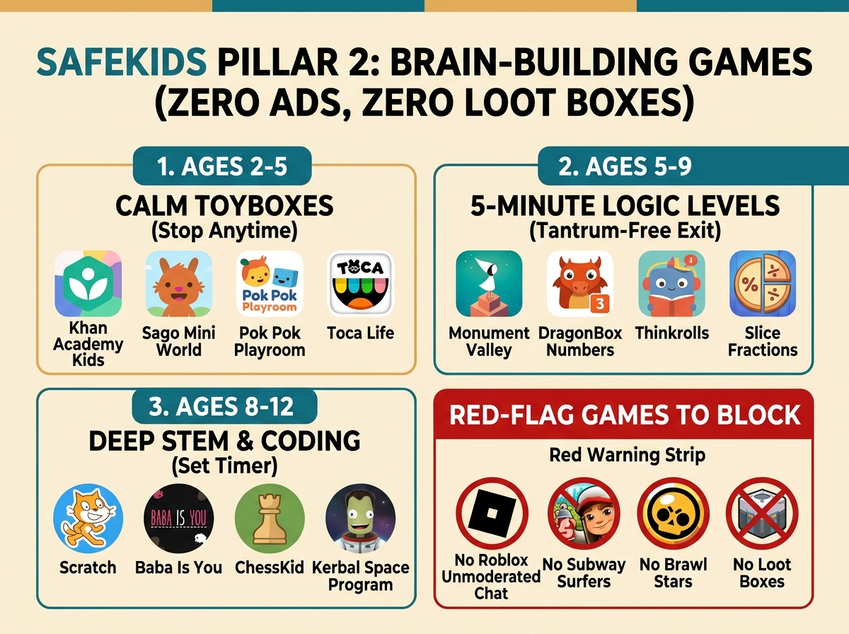 Illustrated parent infographic showing ad-free educational games grouped by age and stopping cue plus predatory games to block