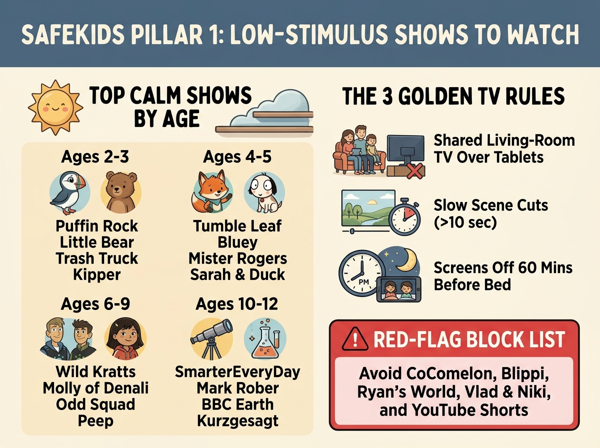 Illustrated parent infographic listing top low-stimulus shows by age group, the 3 golden TV rules, and high-stimulus channels to block