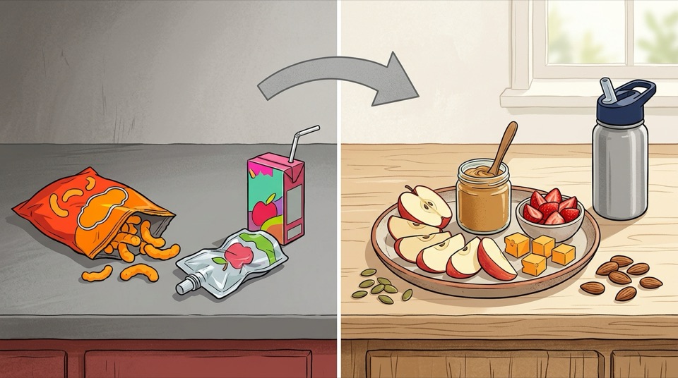 Side-by-side comparison showing ultra-processed squeeze pouch, neon cheese puffs, and juice box swapped for sliced apple with peanut butter, cheddar cubes, quartered strawberries, pumpkin seeds, and stainless steel water bottle