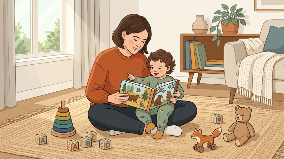 Parent reading a physical storybook with a toddler surrounded by wooden stacking rings and alphabet blocks