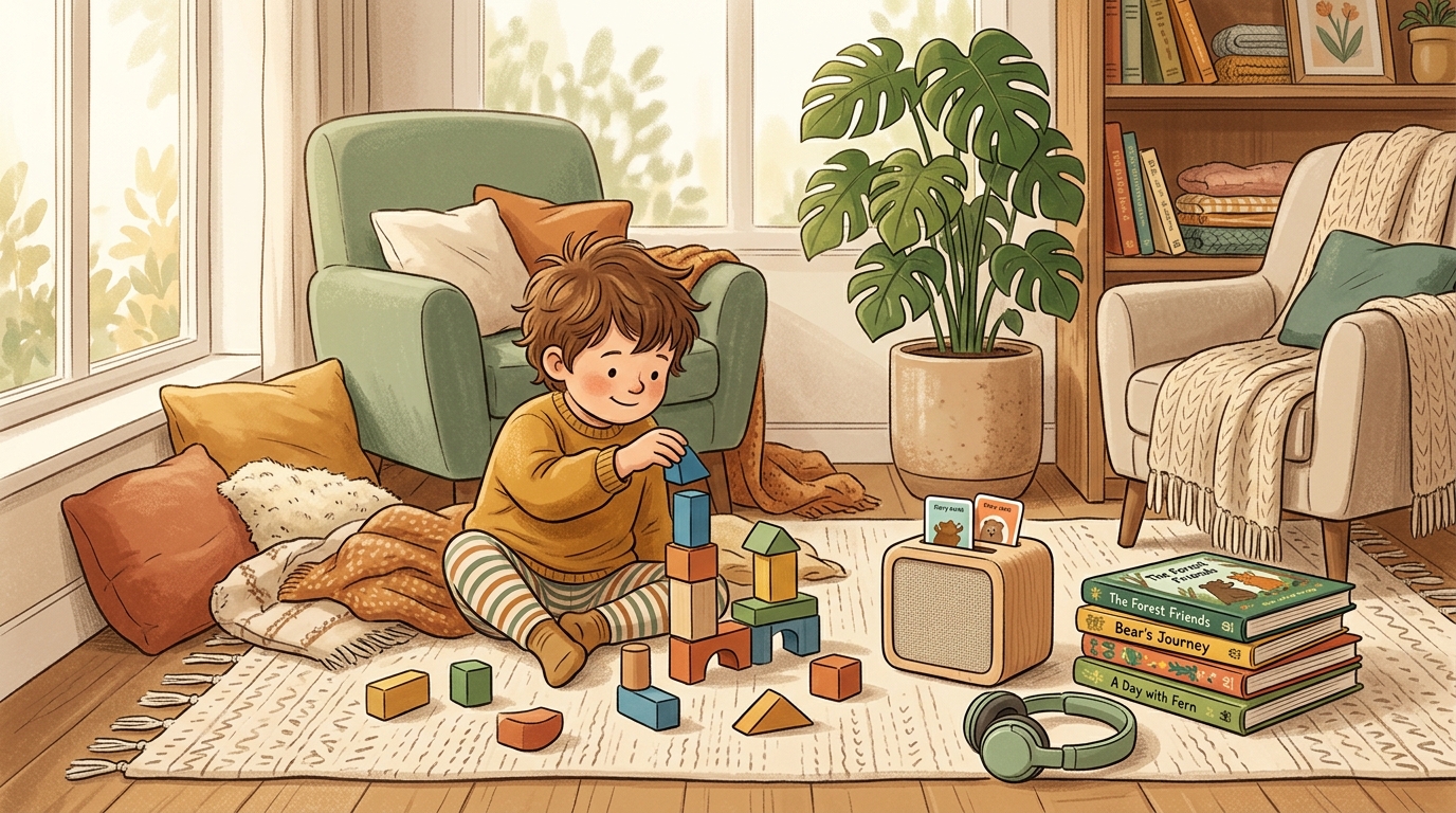 Children listening to a wooden screen-free card audio player and reading illustrated picture books in a cozy sunlit reading nook