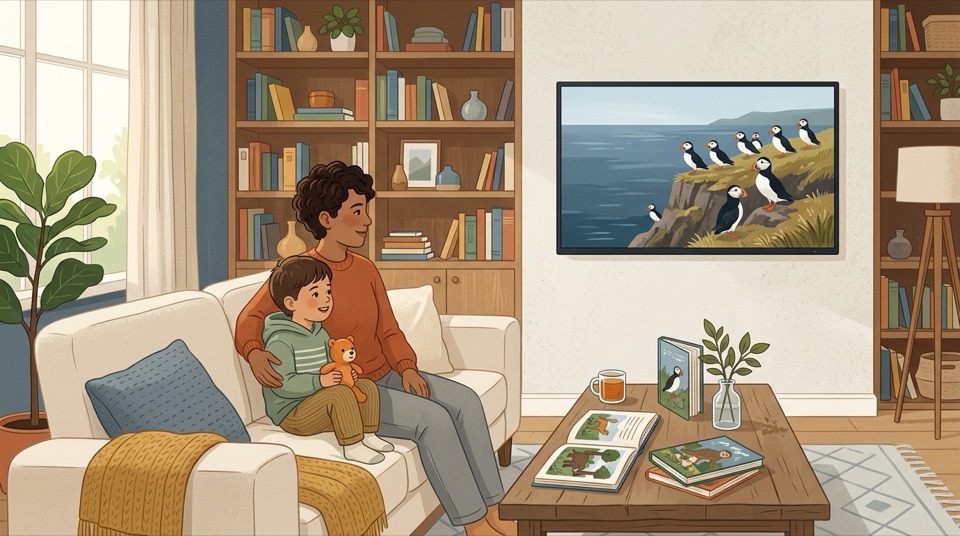 Parent and child co-viewing calm wildlife nature documentary on living-room television with picture books nearby