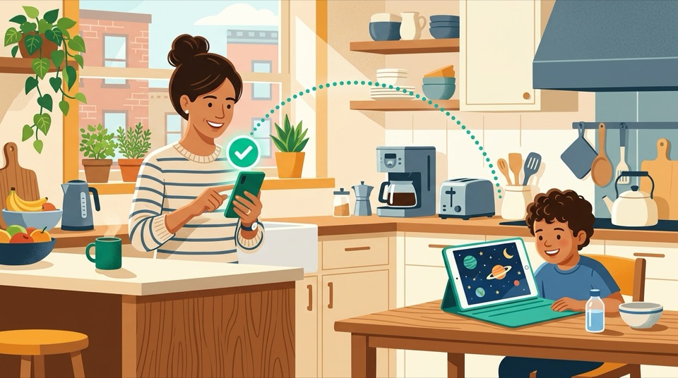 Parent tapping approve on smartphone sending a calm astronomy video to a child's tablet