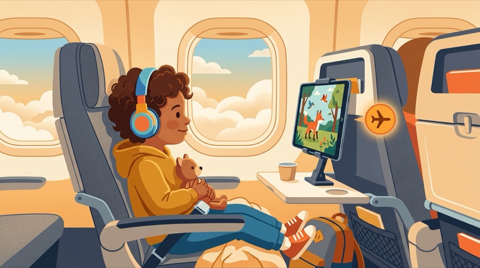 Child in airplane window seat with headphones watching an offline animated nature story on a tablet in airplane mode