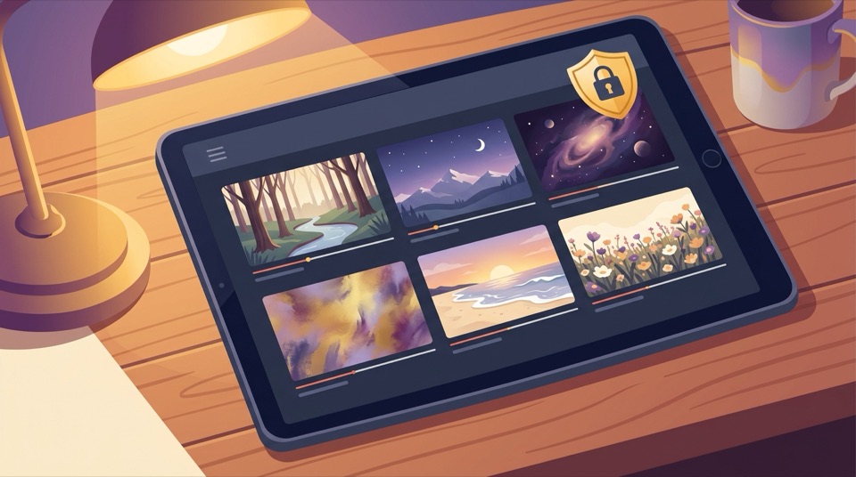 Tablet displaying a dark-mode video player with six calm nature and space thumbnails locked by a golden PIN padlock