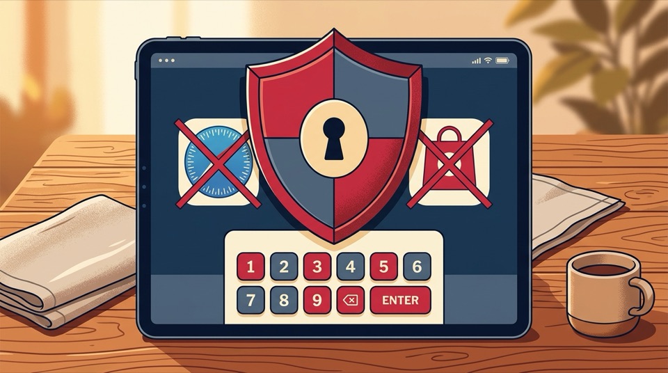 Tablet screen protected by a security shield and PIN keypad blocking web browser and app store icons