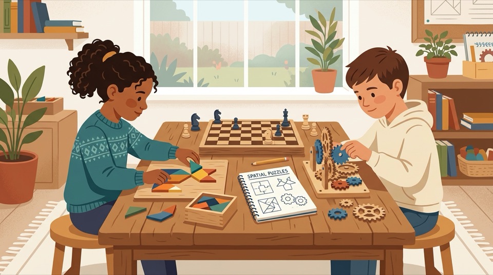 Children solving spatial tangram blocks, wooden gears, and chess logic puzzles together at a table