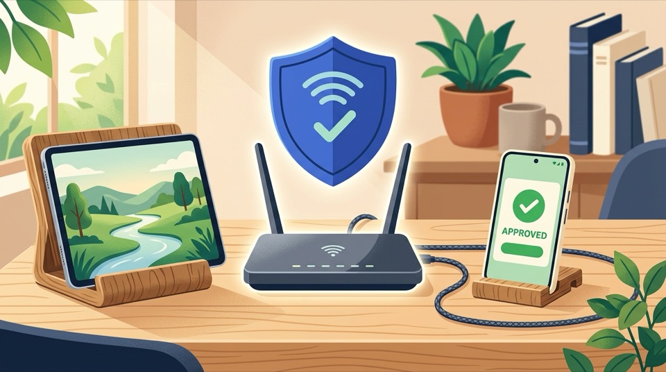 Home Wi-Fi router with a blue protective shield icon alongside an approved parent phone and calm family tablet