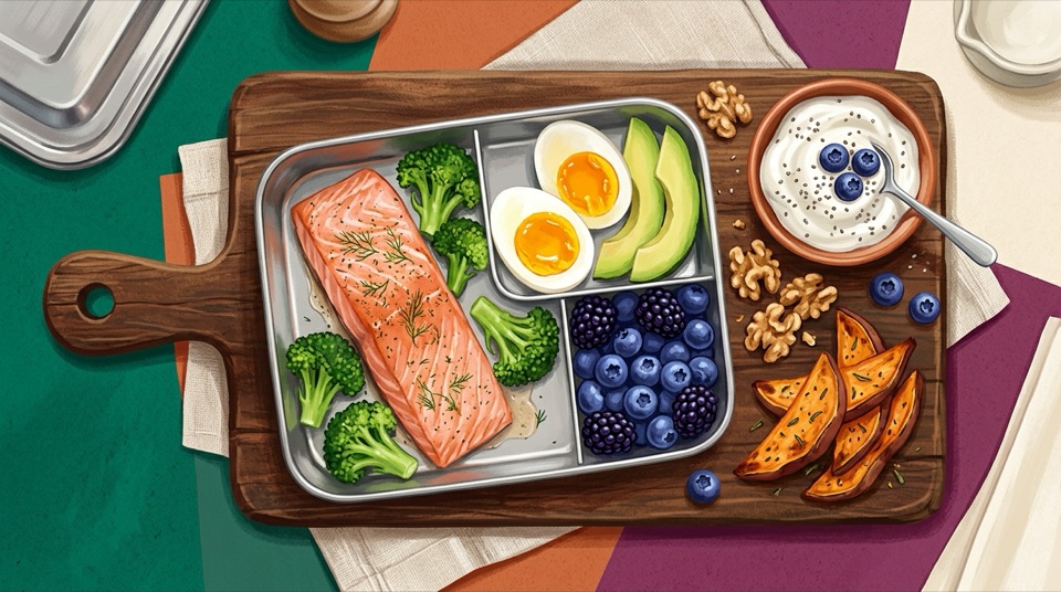 Divided stainless-steel kids lunchbox with wild salmon, pasture-raised egg yolks, avocado, wild berries, broccoli, walnuts, and Greek yogurt
